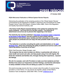 RQIA Welcomes Publication of Whole System Review Reports